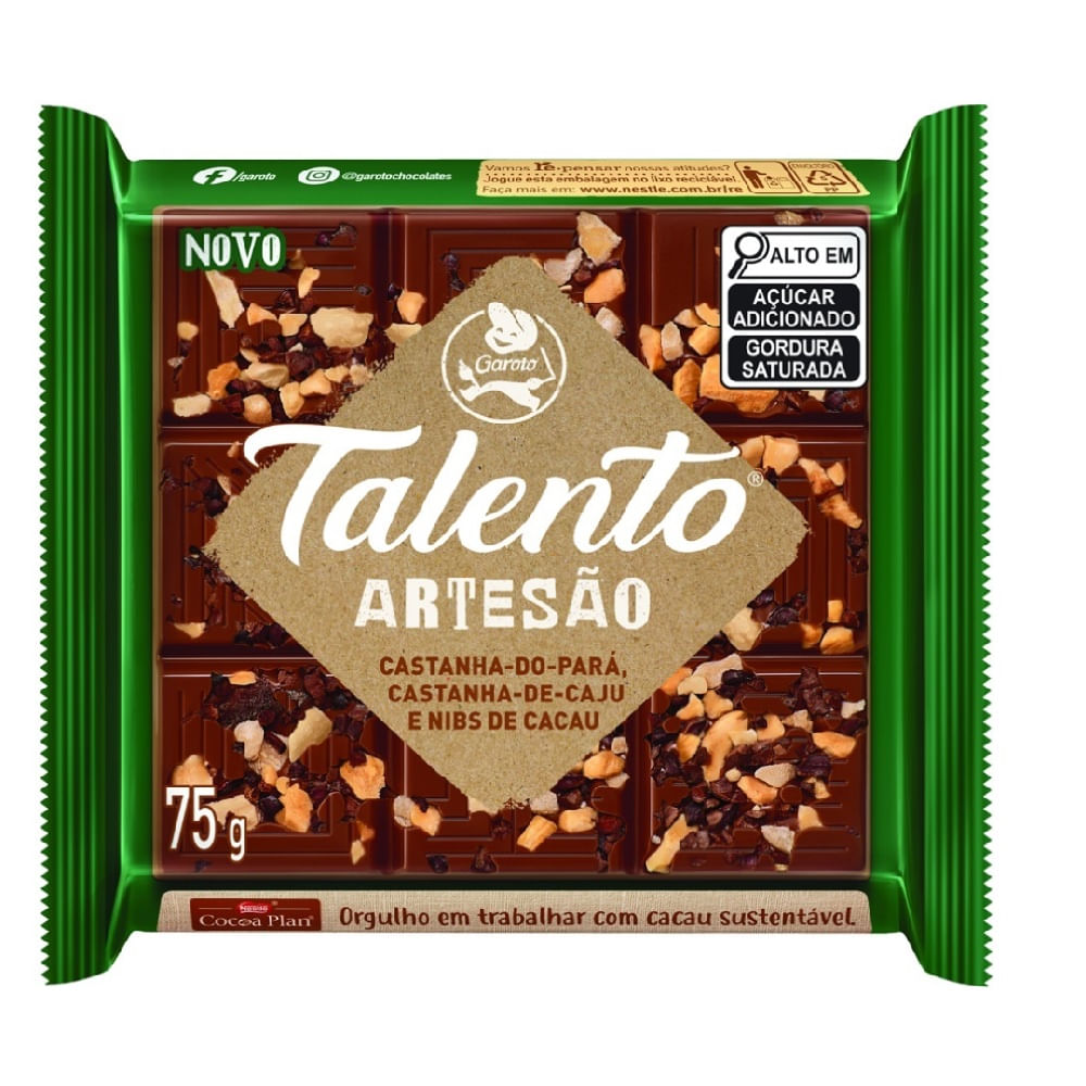 Chocolate Talento Artesão Castanha de Caju, Castanha do Pará e Nibs de Cacau 75g