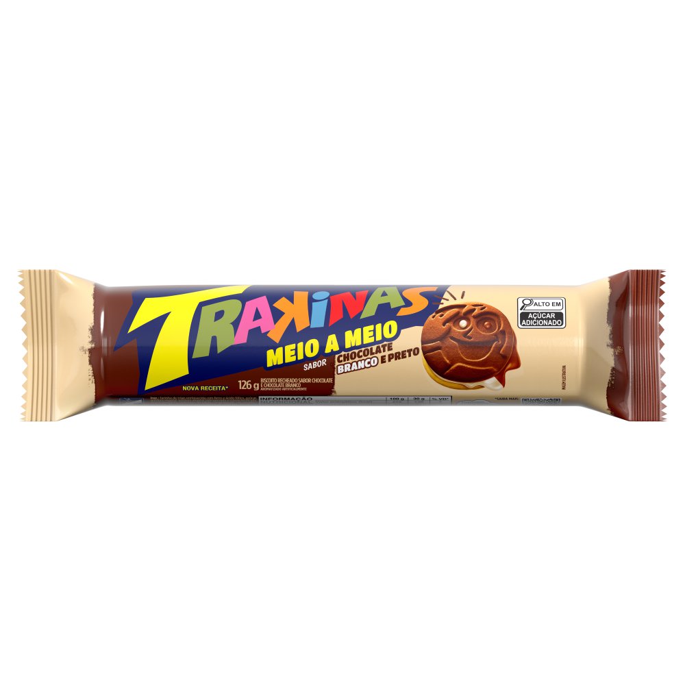Biscoito Recheado Trakinas Meio a Meio chocolate ao leite e branco 126g