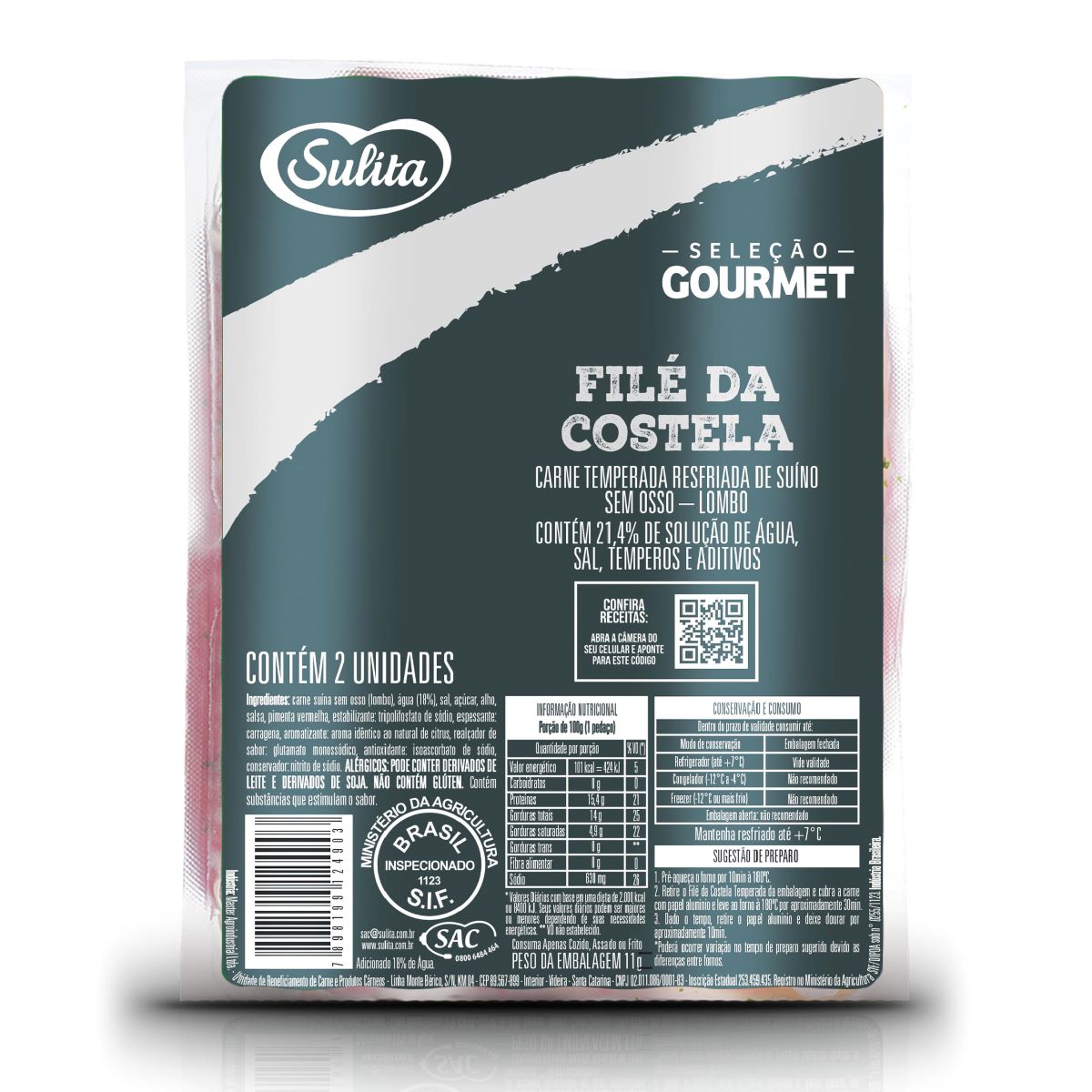 Filé da Costela Suína Sem Osso Temperada Resfriada Sulita 650g