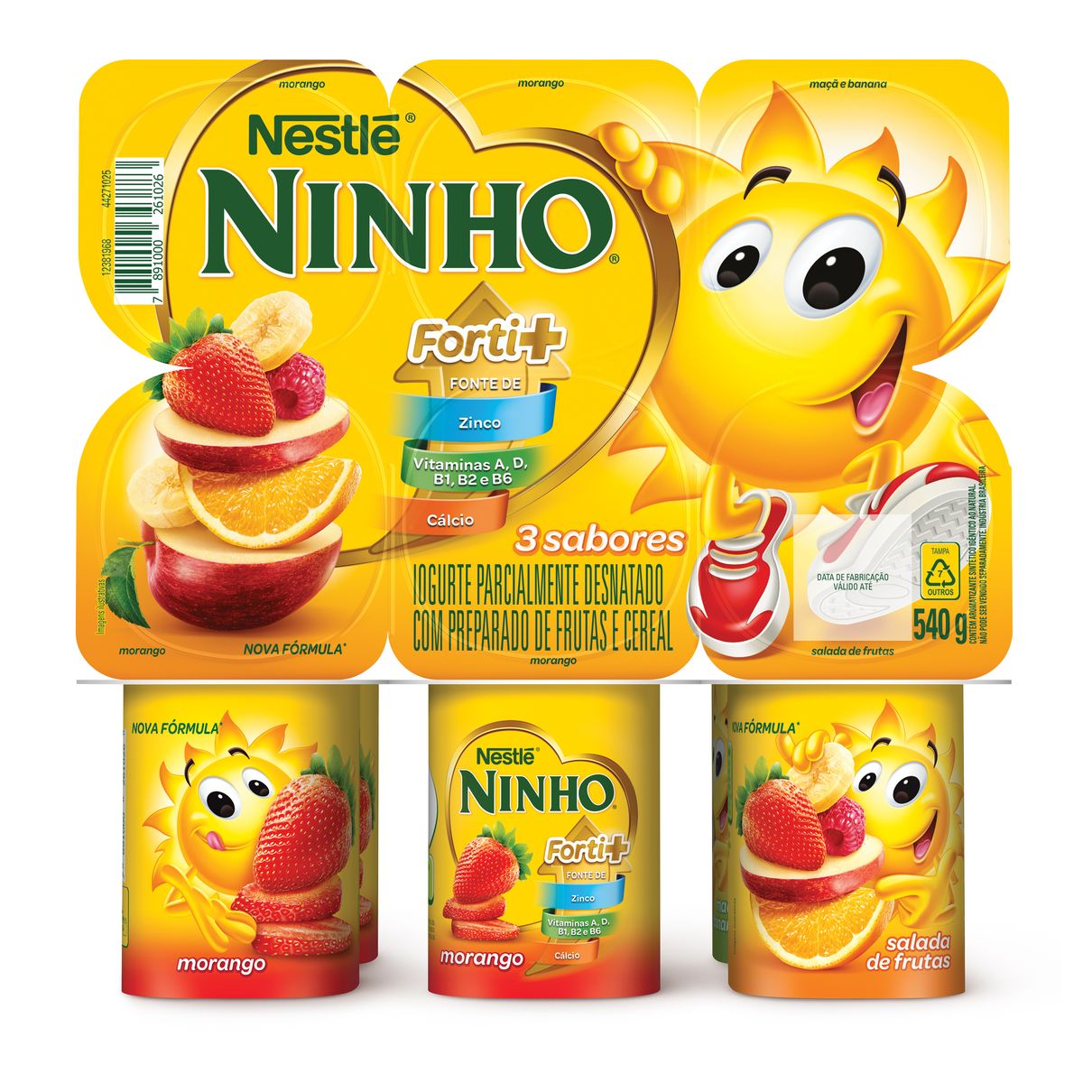 Iogurte Nestlé Ninho Polpa de Morango, Salada de Frutas e Maçã e Banana 540G com 6 unidades
