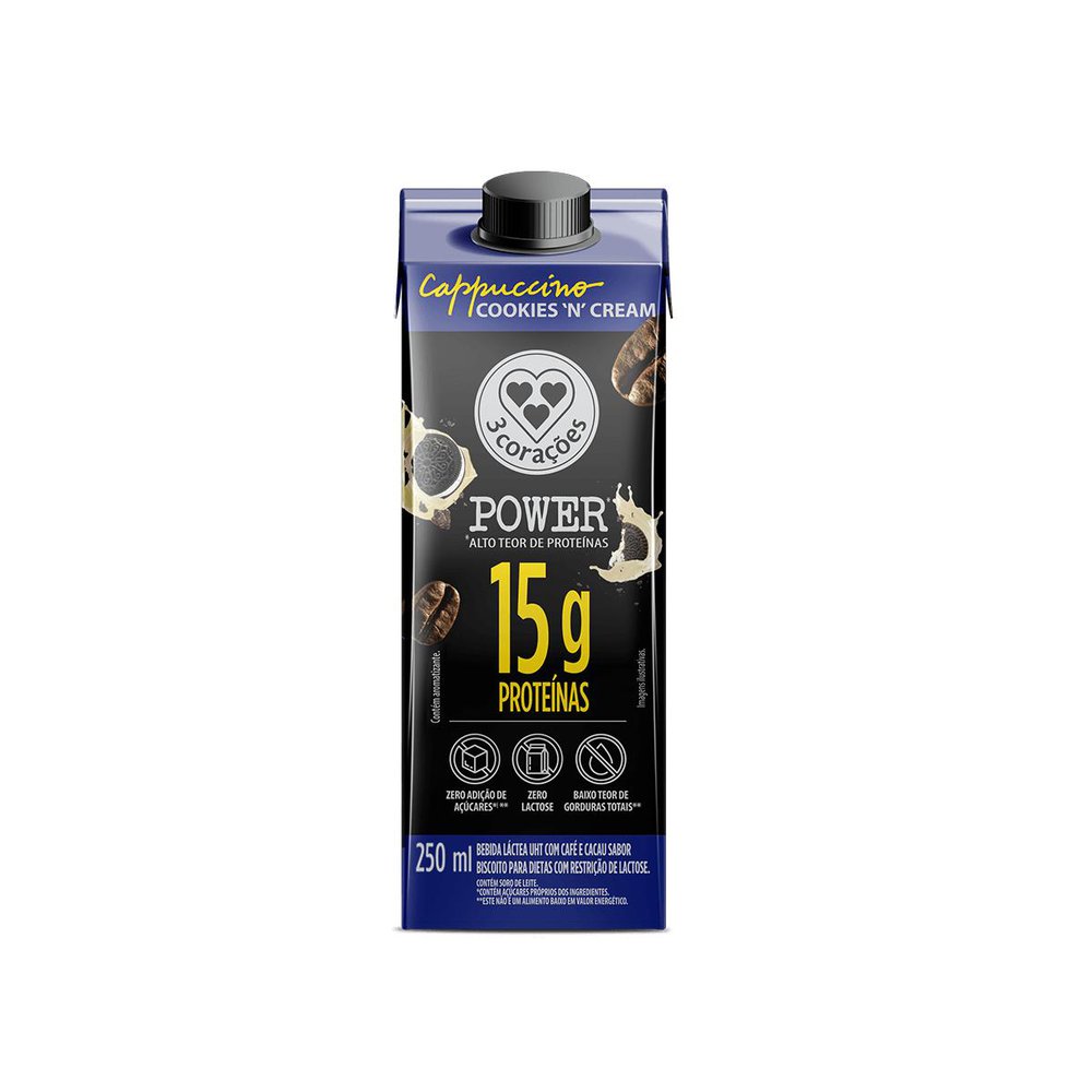Bebida Láctea Cappuccino Power Whey 15g Cookies'n Cream 3 Corações 250ml