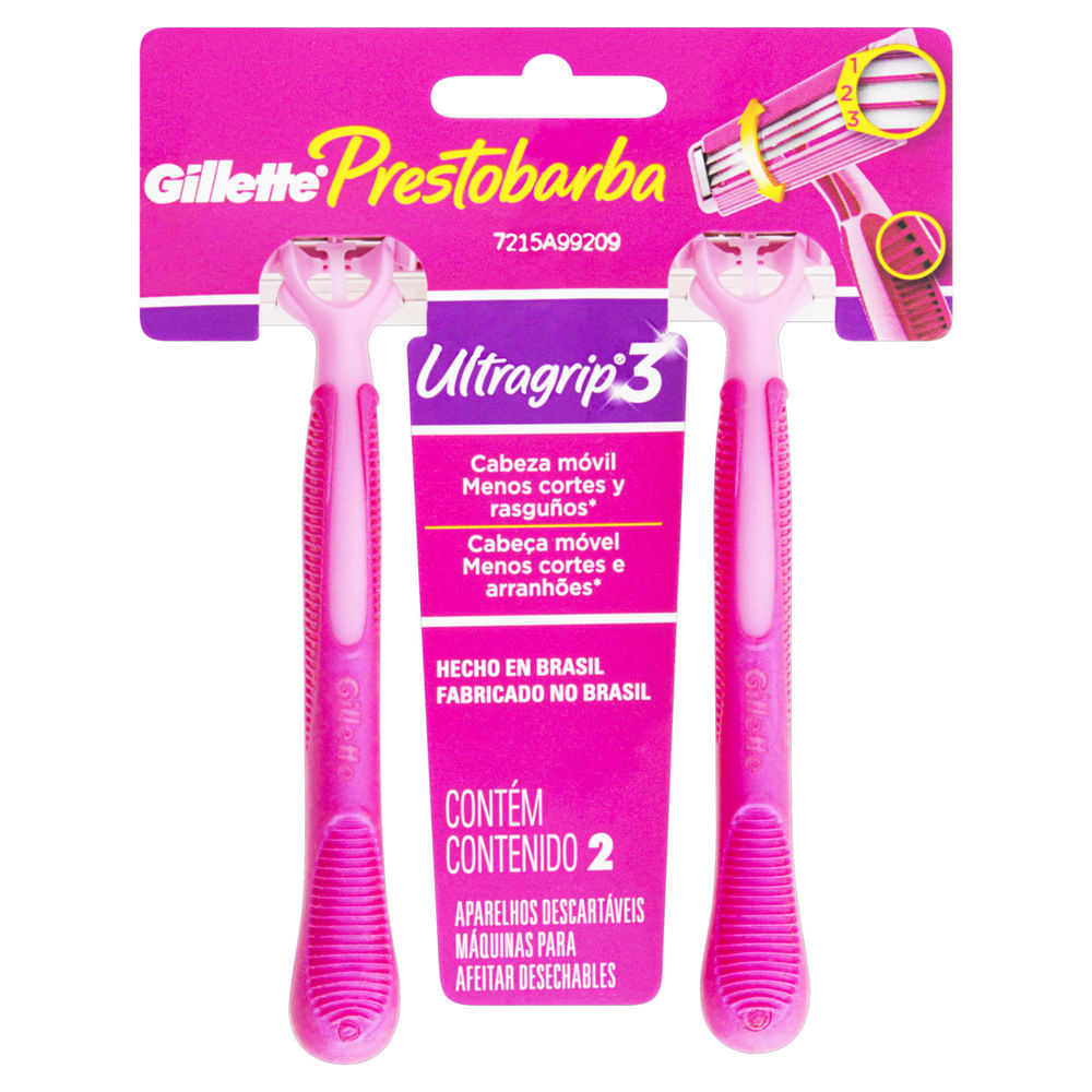 Aparelho Barbear Prestobarba Ultragrip3 feminino com 2 unidades