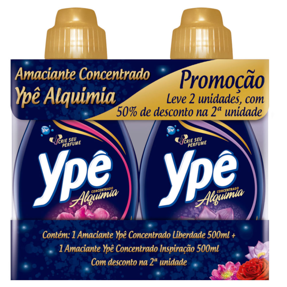 Kit 2 amaciantes concentrado Ypê 500ml, desconto de 50% na 2º unidade